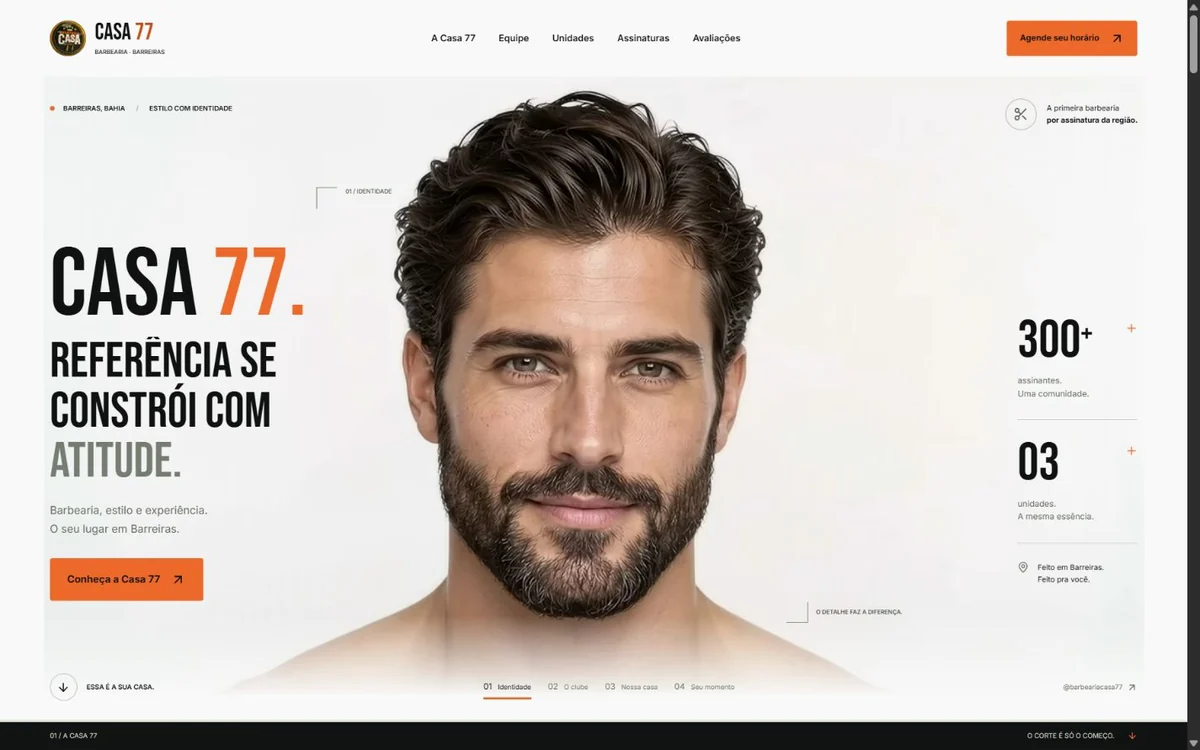 Site Casa 77: barbearia por assinatura com fotografia masculina e detalhes em laranja