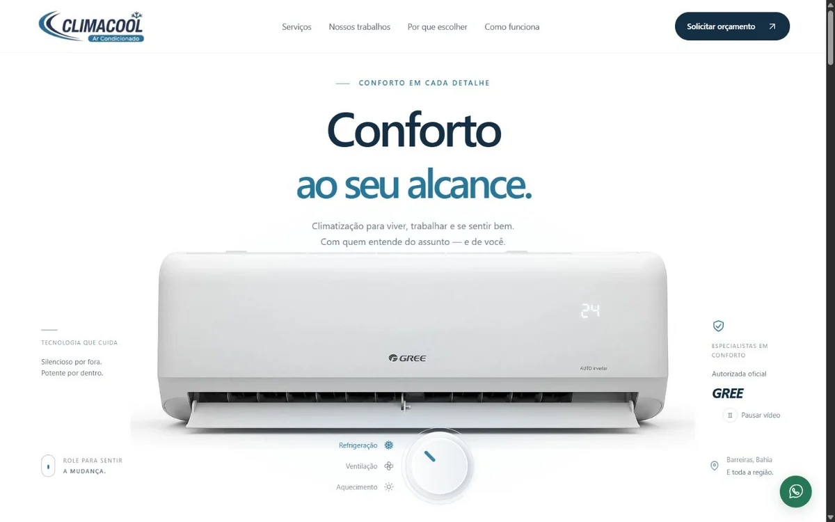 Site Climacool: serviços de climatização em uma interface branca e azul, com um ar-condicionado em destaque