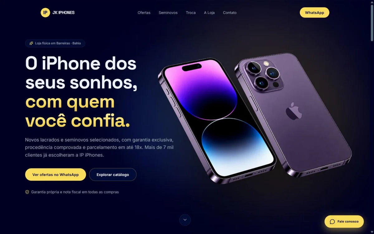 Catálogo IP iPhones: aparelhos Apple em uma interface azul escura com detalhes em amarelo